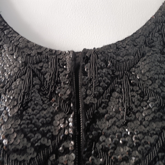 Cyn Les Vintage Black Sequin Beaded Fringe Party Evening Top Wool M - Picture 6 of 8